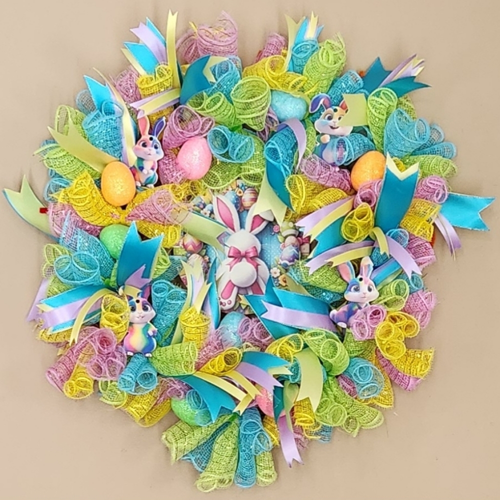 Pastel Easter Bunny Wreath with Ribbon, Deco Mesh, Easter Rabbit & Eggs